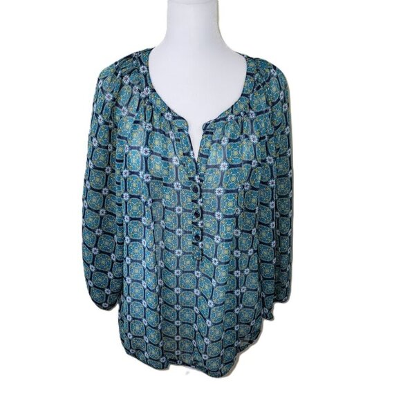 Liz Claiborne Green Blue Print Popover 3/4 Sleeve Boho Chiffon Blouse Women SZ L - Picture 1 of 13